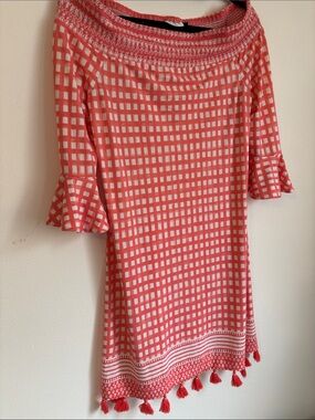 Cabana Life Off-Shoulder Coral Women’s Dress Tassel Hem 50+UV Protection Size M